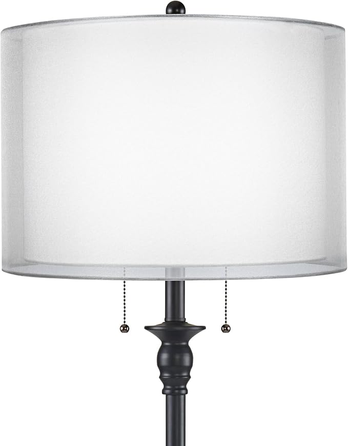 360 Lighting Dyna Traditional 58" Tall 2-Light Standing Floor Lamp Skinny Pole Pull Chain Black Finish Living Room Bedroom House Reading Office Home Decor Entryway Dining Silver Sheer Shade