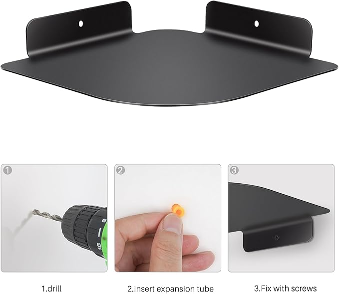 8" Floating Corner Shelf, Metal Corner Shelf Wall Mount for Wall Storage, for Smart Home, Speakers, Internet Router, Security Camera - for Bathroom, Kitchen, Bedroom, and Living Room (Black)
