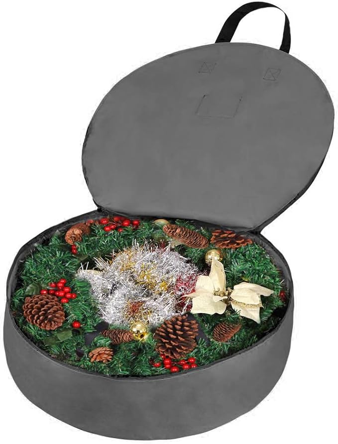 Primode Heavy Duty Christmas Wreath Storage Bag 24"- Garland Wreaths Container with Handles - Durable 600D Oxford Polyester Material Holiday Wreaths Storage Holder (24", Gray)
