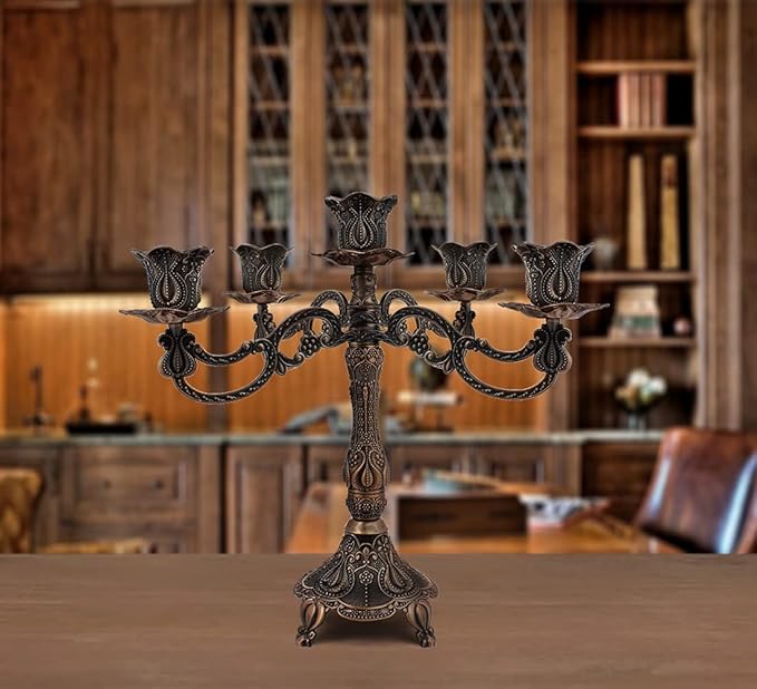 5-Candle Metal Candelabra 10.3 Inch Tall Candlestick Candle Holders for Home Decor Wedding Christmas Church Halloween Party, Red Bronze Tulip