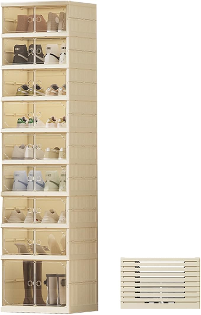 9Tier Foldable Shoe Rack Organizer for Closet,18Pairs Collapsible Plastic Shoe Shelf,Large Shoes Cabinet with Door,Clear Stackable Storage Box Easy Assembly,for Living Room(9Tier18Pairs Cream White)