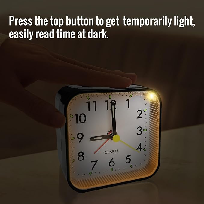 Small Analog Travel Alarm Clock, Battery Operated Desk Table Shelf Clock for Kids, Quieter Bedside Alarm Clocks for Bedrooms Bathroom Living Room Kitchen, Black