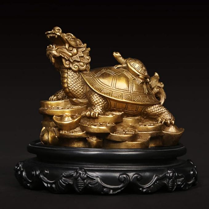 Amperer Feng Shui Brass Dragon Turtle Statue Wealth Prosperity Sculpture with Set of 5 Lucky Charm Ancient Coins on Red String Best Housewarming Congratulatory Gift Home Decor (C2 Dragon Turtle)