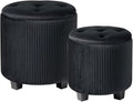 Big Round Ottoman with Storage Set of 2-Upholstered Velvet Vanity Stool for Makeup Multifunctional Foot Rest Coffee Table Padded Seat Tufted Ottomans for Living Room&Bedroom (Big Black)