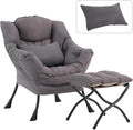 Lazy Chair with Ottoman, Modern Accent Chair with Lumbar Pillow, Dark Grey Sofa, Lounge Chairs with Folding Footrest, Oversized Supportive Chairs for Bedroom, Reading