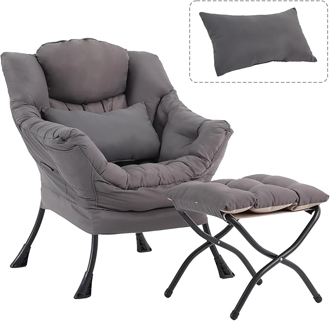 Lazy Chair with Ottoman, Modern Accent Chair with Lumbar Pillow, Dark Grey Sofa, Lounge Chairs with Folding Footrest, Oversized Supportive Chairs for Bedroom, Reading