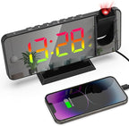 Projection Alarm Clock for Bedroom Ceiling, 180° Rotatable Projector 7.4” Mirror RGB Digital LED Display 12/24H, 5 Level Brightness Dimmer, Dual Alarm Clock (Black)