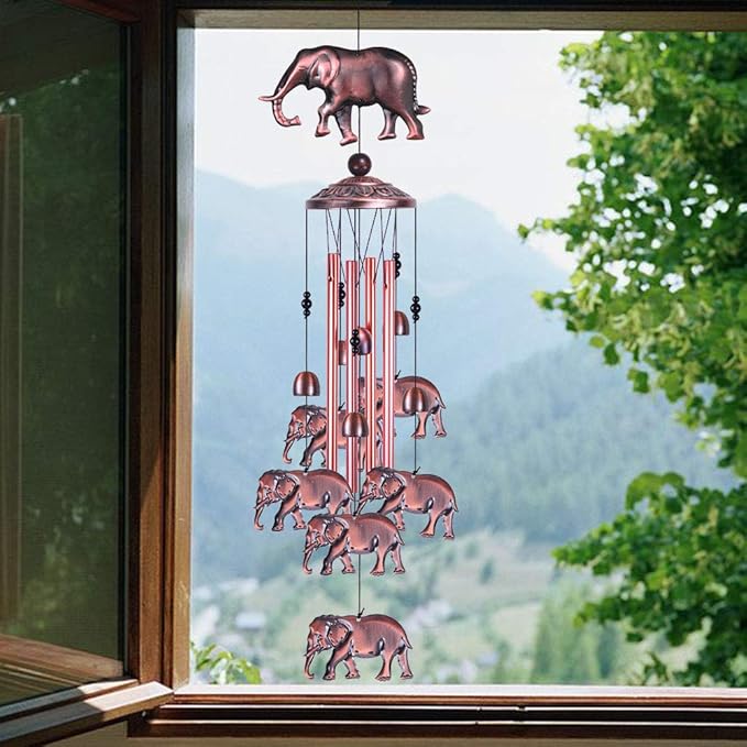 Garden Elephant Wind Chimes Outdoor Indoor Decor - With 4 Tubes 6 Bells 7 Elephants Wind Chime, Mobile Wind Catcher, Elephant Windchimes for Home, Mom Gifts, Balcony, Tree, Festival, Garden Decoration