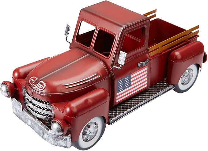 Vintage Red Truck Christmas Decor,Farmhouse Metal Trucks Planter, Decorative Americana Tabletop Storage,Patriotic Table Centerpiece Decorations