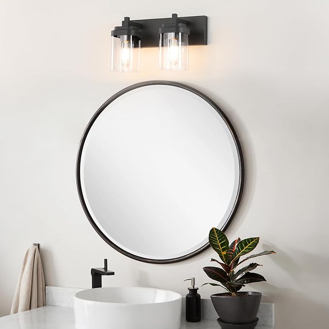 Vanity Light Fixture,2-Light Vanity Light for Bathroom,Matte Black Bathroom Vanity Lighting Over Mirror with Square Clear Glass Shade for Restroom