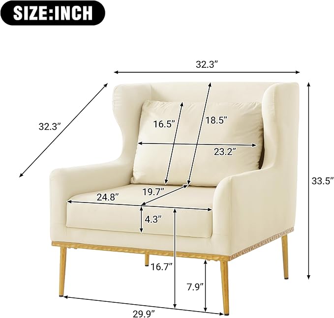 Merax Luxury Velvet Accent Chair, Modern Mid-Century Armchair for Living Room, Bedroom Reading Corner, Comfortable Tufted Single Seater Sofa Chair with Iron Legs (Beige)