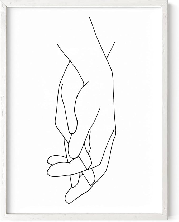 Holding Hands Wall Art Interlocking Fingers Connection Continuous Line Drawing 12x16 Inch Oak Wood White Framed Modern Minimalist Unity Print for Bedroom