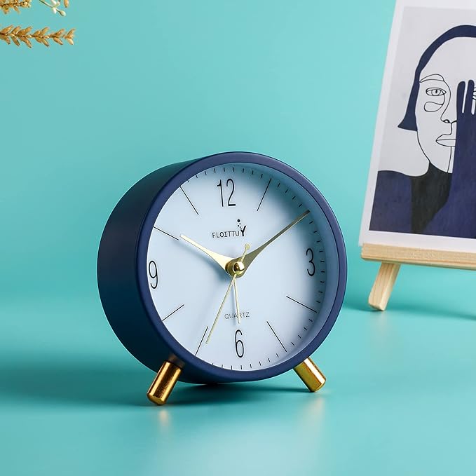 4 inches Super Silent Alarm Clock, Navy Blue Beep Wake Round Alarm Clock with Night Light,Battery Operated,Easy Set Entry Lux Stylefor Desk, Bedroom and Home Decoration