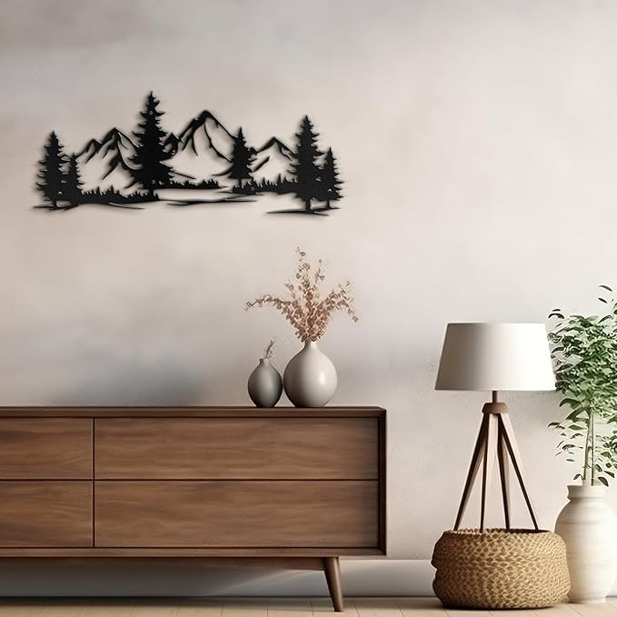 SIGNLEADER Metal Wall Art Decor Mountain Pine trees Modern Abstract Wall Sculpture Hangings Home Decoration for Living Room, Bedroom, Bathroom, Kitchen, Outdoor - 24" Black