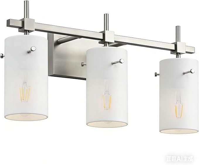 SOLFART Brushed Nickel Bathroom Light Fixtures, 3-Light Modern Vanity Light Over Mirror, Wall Sconces with Milky White Frosted Glass Shades, E26 Socket (Bulbs Not Included)