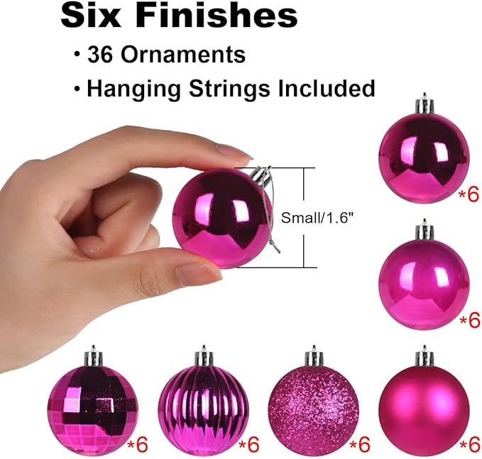 Fuchsia 1.6" Small Christmas Balls Christmas Tree Decoration Ornaments Shatterproof Hanging Balls for Birthday Halloween Holiday Wedding Decorations Set of 36pcs