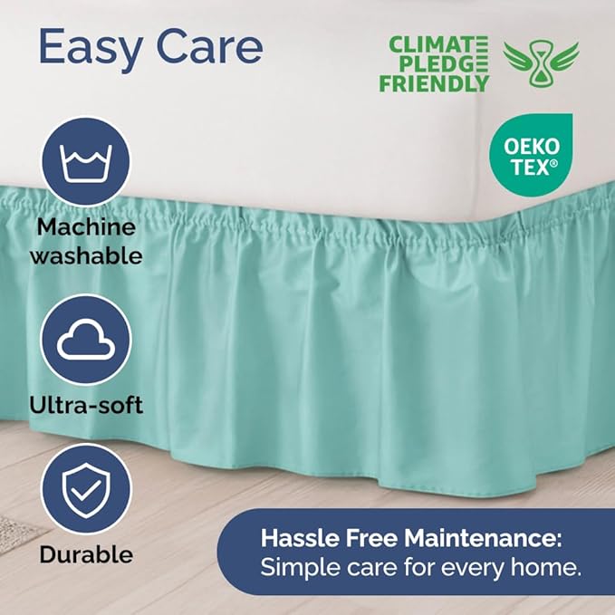 Wrap Around Dust Ruffle Bed Skirt - Spa Blue - for Full Size Beds with 18 Inch Drop - Easy Fit Elastic Strap - Adjustable Pleated Bedskirt w/Brushed Fabric Wrinkle Free - for Women, Men, Kids & Teens