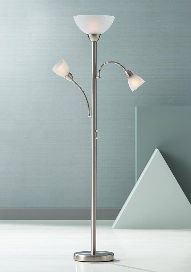 Possini Euro Design Alexei Modern Torchiere Floor Lamp Tree 3-Light Gooseneck Arm 72" Tall Brushed Nickel White Crackle Glass Pole Dimmer Living Room Reading House Bedroom Home Office