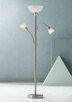 Possini Euro Design Alexei Modern Torchiere Floor Lamp Tree 3-Light Gooseneck Arm 72" Tall Brushed Nickel White Crackle Glass Pole Dimmer Living Room Reading House Bedroom Home Office