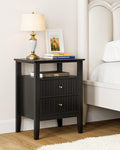 Fluted Nightstand, Farmhouse Night Stand with 2 Drawers, Mid Century Modern Side Accent Table,Bedside End Table for Bedroom, Living Room, Black