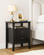 Fluted Nightstand, Farmhouse Night Stand with 2 Drawers, Mid Century Modern Side Accent Table,Bedside End Table for Bedroom, Living Room, Black