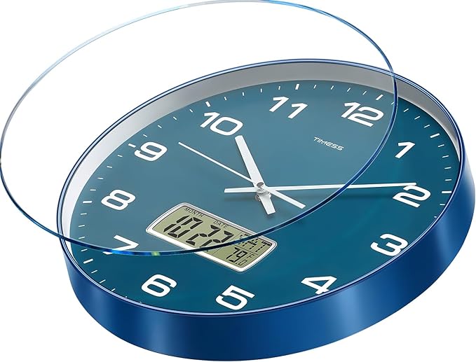 Wall Clock, 13" Dial Non-Ticking Silent Battery Operated Analog with LCD Display for Perpetual Calendar and F° Temperature, Ideal Modern Home, Office Decor (Blue)