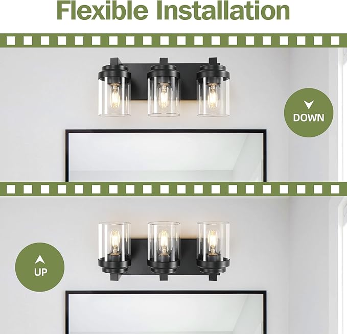 3 Light Bathroom Vanity Light, Matte Black Bathroom Light Fixtures with Clear Glass Shade, Vanity Light Fixtures Over Mirror for Bedroom Living Room,E26