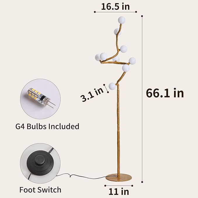 Tree Branch Floor Lamp for Living Room, 9-Light Gothic Moon Branch Floor Lamp, Wood Grain Resin & Metal Base for Farmhouse, Bedroom, Office,Halloween Decor(66")