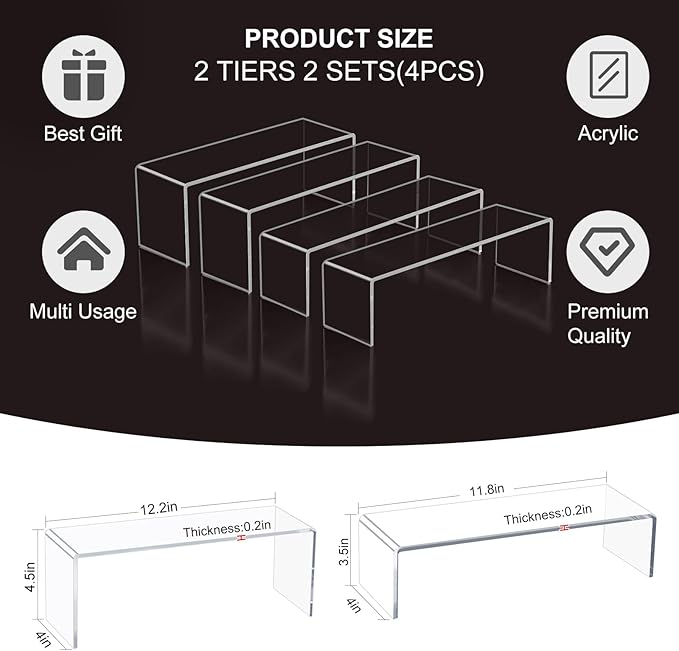 Acrylic Display Riser Stand,5mm Thickness, 12'' Length Tierd Display Stands, Acrylic Shelf Risers for Perfume Display,Risers for Buffet Table,Cupcake Stand,Pop Figurines,Tumbler,Food,4Pcs