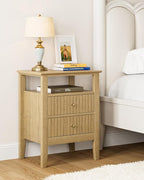 Fluted Nightstand, Farmhouse Night Stand with 2 Drawers, Mid Century Modern Side Accent Table,Bedside End Table for Bedroom, Living Room, Yellow Oak