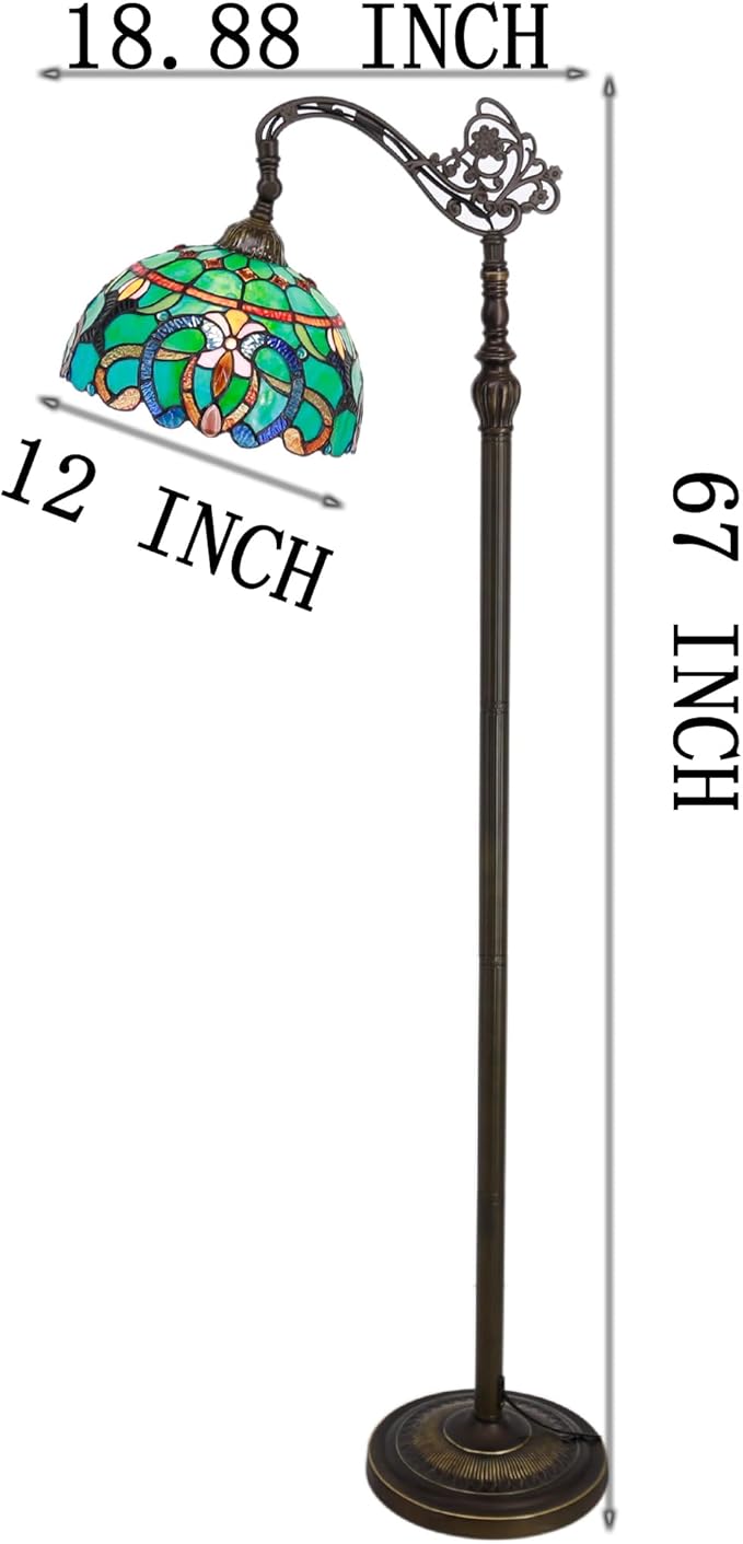Tiffany Floor Lamp Stained Glass Lamp 18.88X12X67 Inch Angle Adjustable Arched Gooseneck Antique Reading Light (Green Brown Jewelry Baroque)