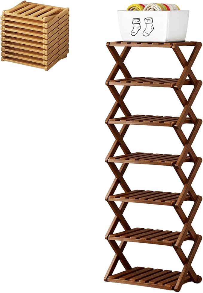 Upgraded The 9-Tier No-Assembly Bamboo Shoe Rack (3–9 Tier), Folding Bamboo Shoe Storage Rack with Zero Assembly Required and Space-Saving Design for Entryway Closet Apartment (Brown, 7 Tier)