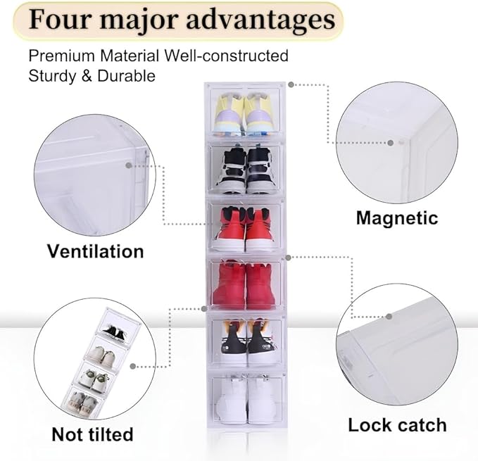 10-pack transparent acrylic shoe boxes, stackable and foldable storage boxes with magnetic snaps, suitable for sneakers, bedroom, dormitory storage, transparent color.
