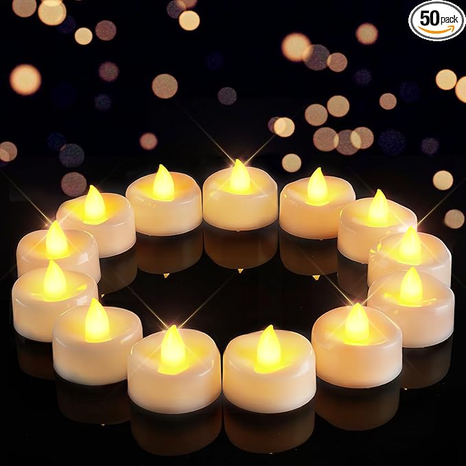 LED Candles, 50Pack Tea Lights Candle Battery Operated Bulk, Flameless Tealight Candle, Realistic Tea Lights for Christmas Halloween Wedding Diwali Decor, 1.5'' D X 1.25'' H, Warm Yellow