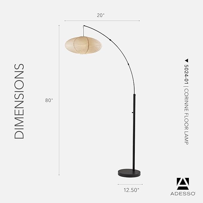 Adesso Arc Floor Lamp, 80” Tall Black Base, Oval Off-White Paper Shade – Convenient Overhead Lighting for Living Room, Nursery, Bedroom or Office