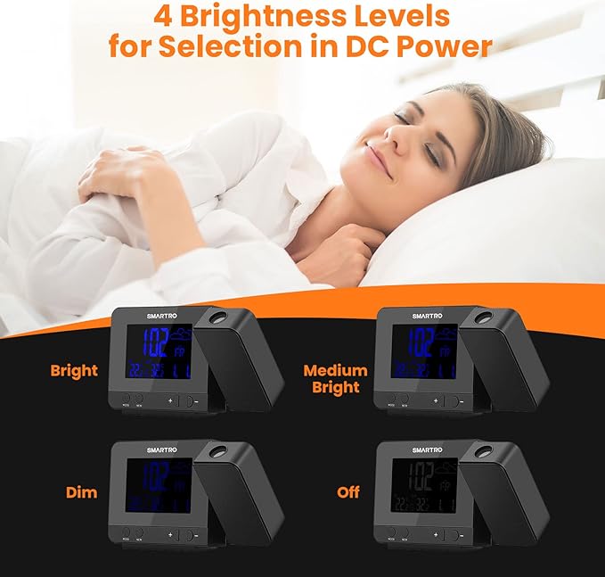SMARTRO SC31B Digital Projection Alarm Clock with Weather Station, Indoor Outdoor Thermometer for Bedrooms, USB Charger, AC Battery Operated
