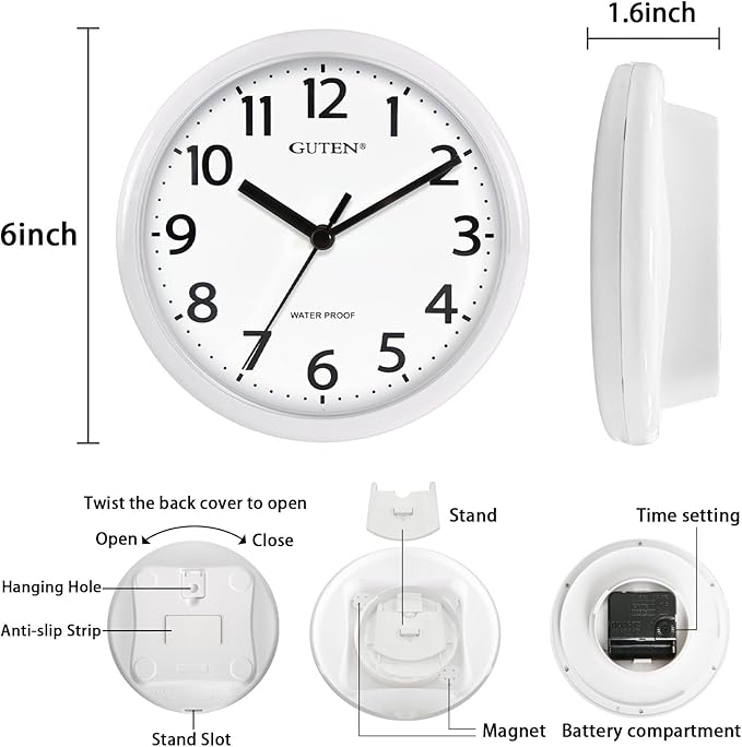 Caysie 6 Inch Waterproof Bathroom Shower Clock, Hanging or Standing Silent Battery Operated Quartz Magnetic Wall Clocks for Kitchen, Bathroom, Home (White)
