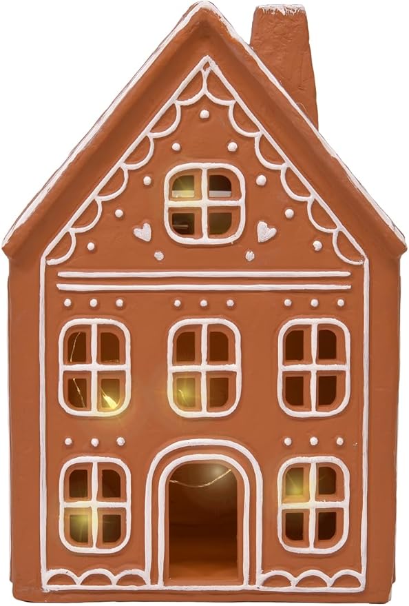 Mark Feldstein & Associates Ceramic Iced Gingerbread Houses Holiday Pre Lit LED Village Figurines, Set of 2, 9 Inch