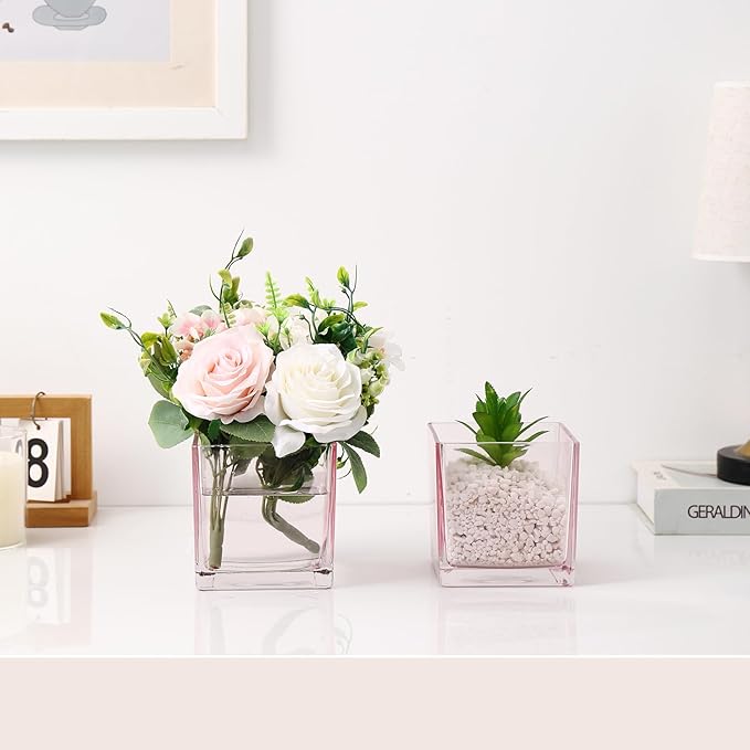 Square Glass Vases Set of 4, 5" x 5" x 5" Pink Flower Vases for Centerpieces, Square Vase for Flowers, Small Vase for Wedding, Party, Home Office Decoration