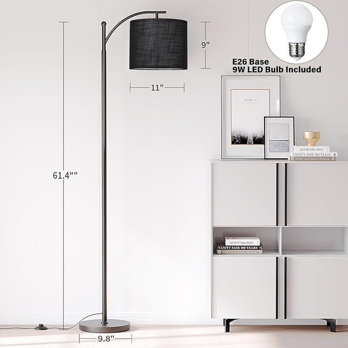 SUNMORY Arc Floor Lamp, Modern Floor Lamp with 12W 3 Color Temperatures Bulb, Metal Standing Lamps with Black Adjustable Hanging Lampshade, Tall Floor Lamps for Living Room, Bedroom, Office