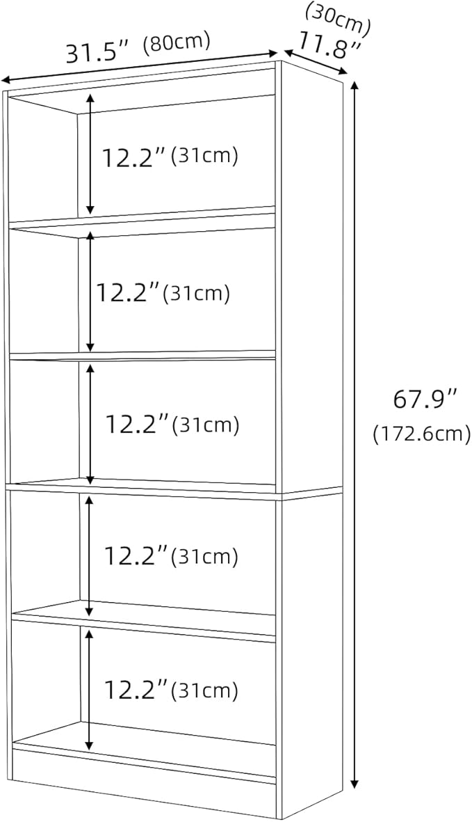 Wood Bookcase 5-Shelf Freestanding Display Shelf Organizer Wooden Bookshelf for Home Office School (Grey 11.8" D x 31.5" W x 67.9" H)