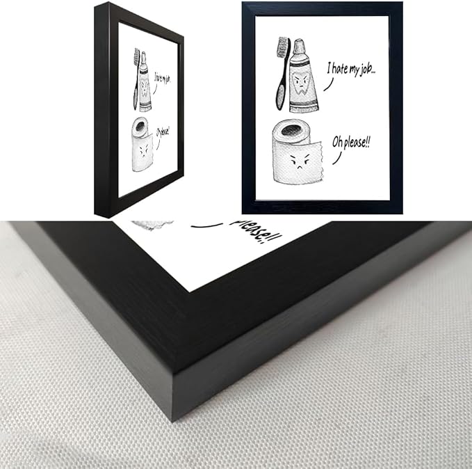 Kids Bathroom Decor Wall Art Black and White Bathroom Print Funny Toliet Paper and Toothbrush Picture Framed Artwork for Children's Washroom