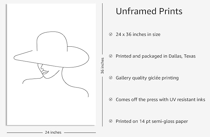 Y2K BOO Elegant Woman in Hat UNFRAMED Wall Art Minimalist Feminine Profile Continuous Line Drawing 24x36 Inch Heavyweight Paper chic Studio Decor