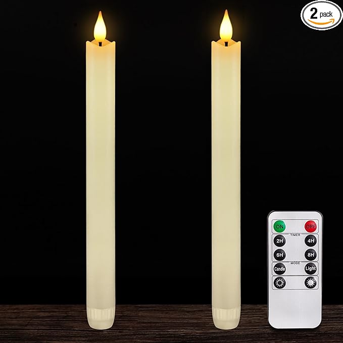 Homemory 2 Pcs Real Wax Made Flameless Taper Candles with Remote and Timer, 9.6" Ivory Battery Operated Candle Stick Flickering, Led Taper Candles with Lifelike Flame for Indoor Home Decor