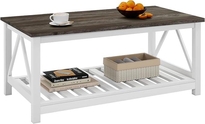 Farmhouse Coffee Table, White OakCoffee Table for Living Room, 2-Tier Rectangular Wooden Centre Cocktail Table with Slats Shelf Storage and V-Shaped Frame Modern Coffee Table Dark Oak