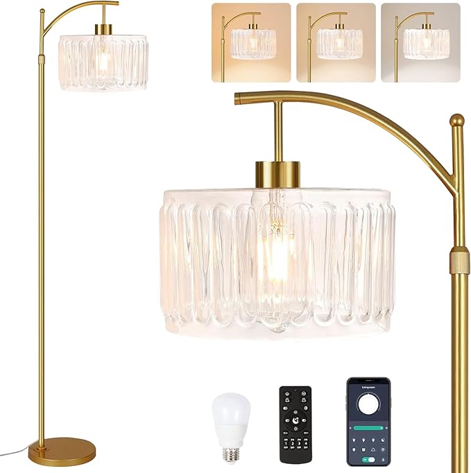 Glass Floor Lamp for Living Room,Bedroom,Gold Dimmable Standing Lamp with Remote,Brass White Tall Lamp Boho Mid Century Modern Floor Lamps Arc Floor Light Lamp Girls Kids Bohemian