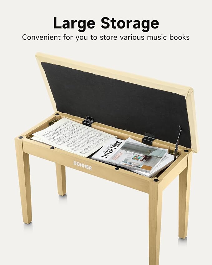 Donner Duet Piano Bench with Storage, Solid Wooden Keyboard Bench Piano Bookcase Stool Chair Seat with High-Density Sponges Padded Cushion, Beige