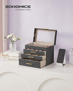 SONGMICS GISELLA Collection - Jewelry Box Organizer, 4-Layer Jewelry Storage with 3 Drawers, Shiny Metal Hardware, Glass Lid, Modern, 6 x 9.9 x 8.5 Inches, Gray and Gold Color UJBC161C01