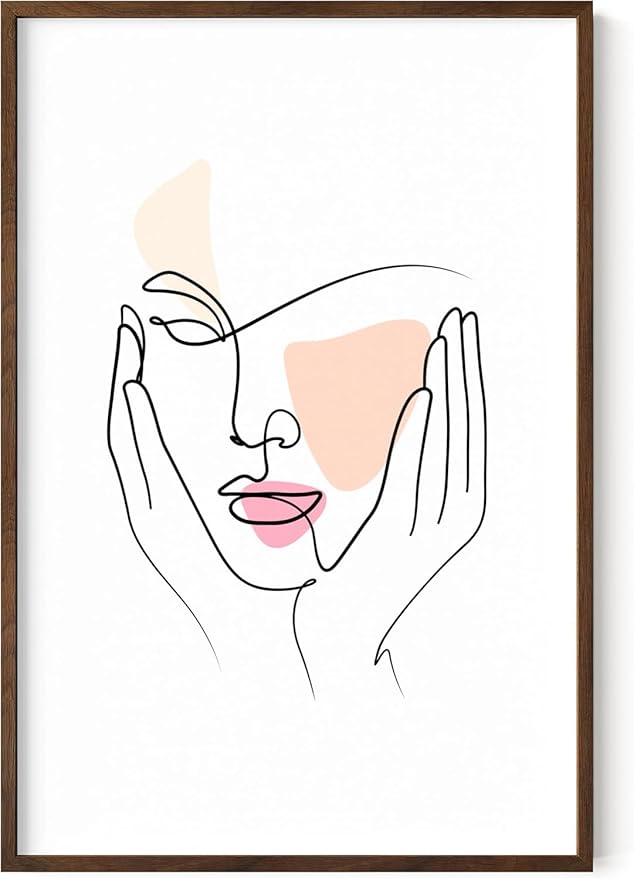 Aesthetic Face Wall Art Hands on Cheeks Continuous Line Drawing Abstract Pink Shapes 24x36 Inch Oak Wood Walnut Framed Modern Portrait for Bedroom Vanity