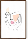 Aesthetic Face Wall Art Hands on Cheeks Continuous Line Drawing Abstract Pink Shapes 24x36 Inch Oak Wood Walnut Framed Modern Portrait for Bedroom Vanity